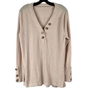 In Loom Ribbed Waffle Knit Long Sleeve Boxy Henley Top Large